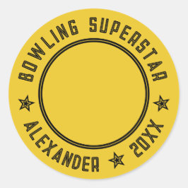 Moderne Bowling Superstar Gele Naam Fotodatum Ronde Sticker