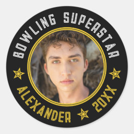 Moderne Bowling Superstar Naam Foto Datum Zwart Ronde Sticker