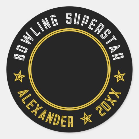 Moderne Bowling Superstar Naam Foto Datum Zwart Ronde Sticker (Voorkant)