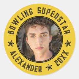 Moderne Bowling Superster Gele Naam Foto Datum Ronde Sticker