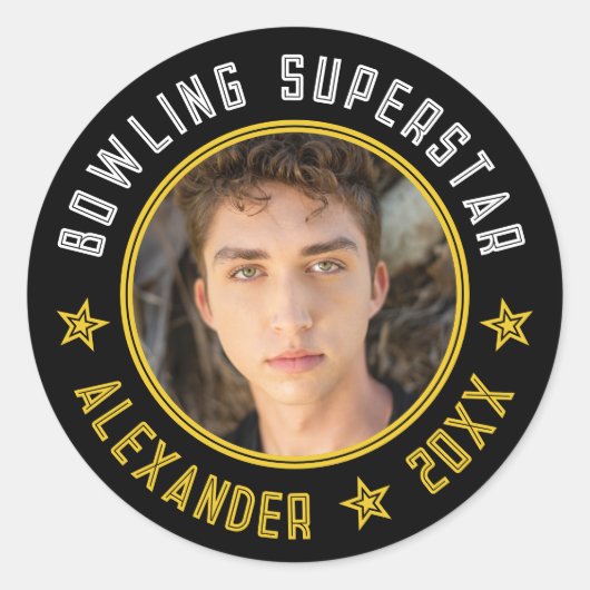 Moderne Bowling Superster Naam Foto Datum Zwart  Ronde Sticker (Voorkant)