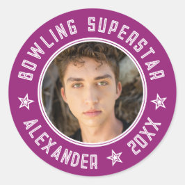 Moderne Bowling Superster Paars Roze Naam Foto Ronde Sticker