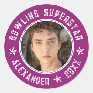 Moderne Bowling Superster Paars Roze Naam Foto Ronde Sticker