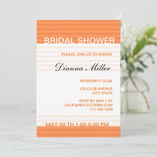 Moderne Bridal Shower-uitnodigingen: Oranje stripe Kaart (Staand voorkant)