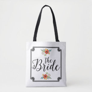 Moderne bride-zwarte tekst en Lijst Floral Accent Tote Bag