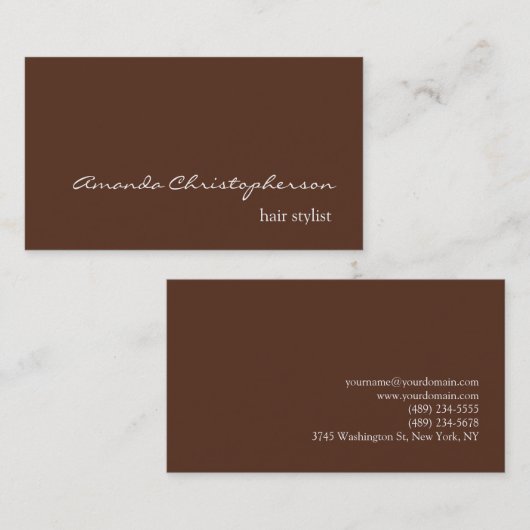 Moderne Brown Background Script Hair Stylist Visitekaartje (Voorkant / Achterkant)