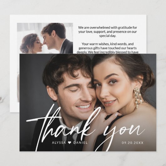 Moderne bruid bruidegom foto handlettering bruilof bedankkaart (Voorkant / Achterkant)