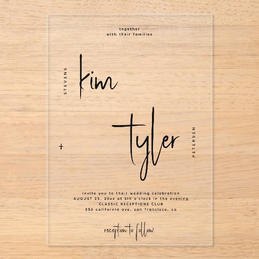 Moderne bruid en bruidegom script namen bruiloft acryl uitnodigingen (Voorkant)