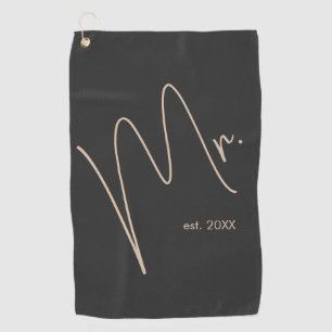 Moderne bruidegom Beige + Zwart Script Golfhanddoek