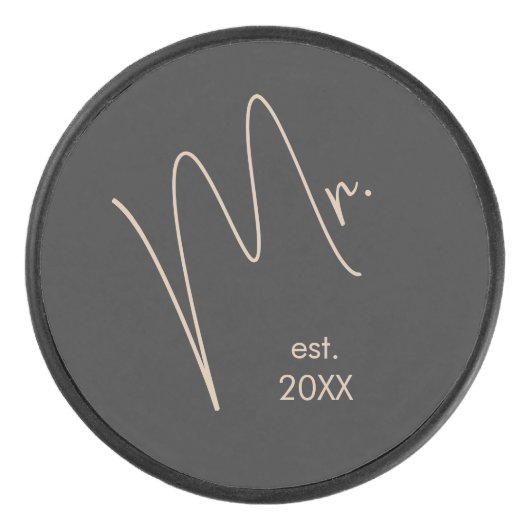 Moderne bruidegom | Beige + Zwart Script Hockey Puck (Voorkant)