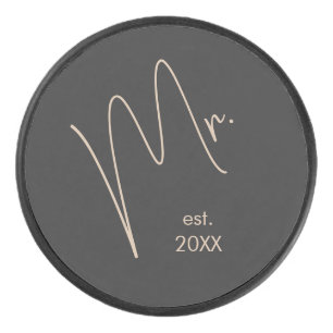 Moderne Bruidegom Beige + Zwarte Schrift Hockey Puck