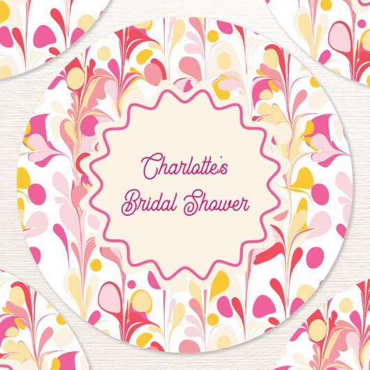 Moderne Bruidsdouche Retro Abstracte Roze Golven Ronde Sticker