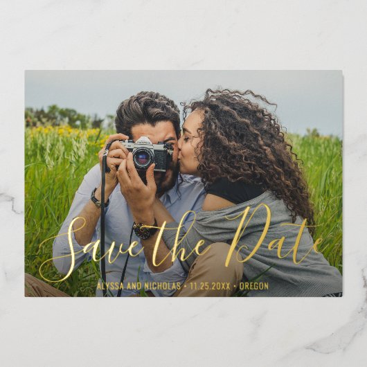 Moderne bruidsfoto van Elegant Save the Date Gold Folie Uitnodiging (Voorkant)