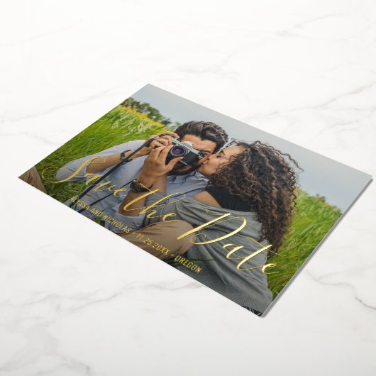 Moderne bruidsfoto van Elegant Save the Date Gold Folie Uitnodiging (Gedraaid)