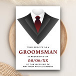Moderne bruidsjonker uitnodiging<br><div class="desc">Nodig uw bruidsjonkers uit met deze moderne uitnodigingskaart met een klassiek smoking met een rode das tegen een witte achtergrond. Voeg eenvoudig uw evenementdetails toe aan deze gebruiksvriendelijke sjabloon om het een unieke uitnodiging te maken. Draai de kaart om om een zwart-wit strepenpatroon op de achterkant van de kaart te...</div>