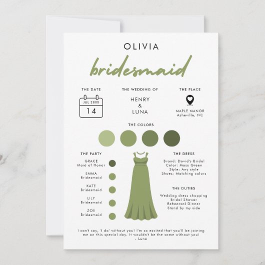 Moderne bruidsmeisje bruiloft informatiekaart kaart (Voorkant)