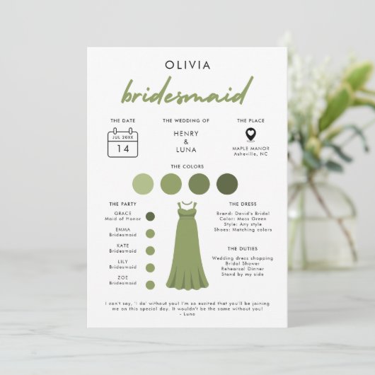 Moderne bruidsmeisje bruiloft informatiekaart kaart (Staand voorkant)