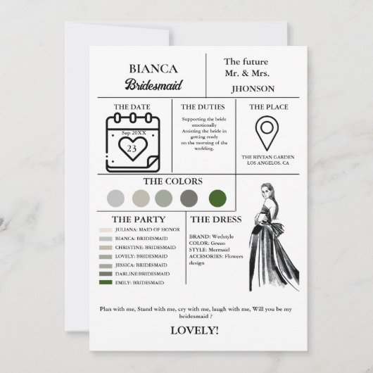 Moderne bruidsmeisje info kaart bruids partij kaar (Voorkant)