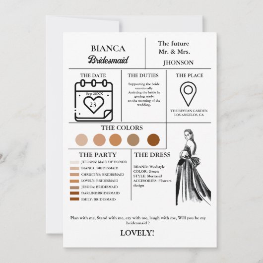 Moderne bruidsmeisje info kaart bruids partij kaar (Voorkant)