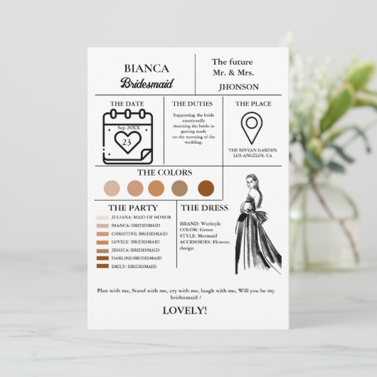 Moderne bruidsmeisje info kaart bruids partij kaar (Staand voorkant)