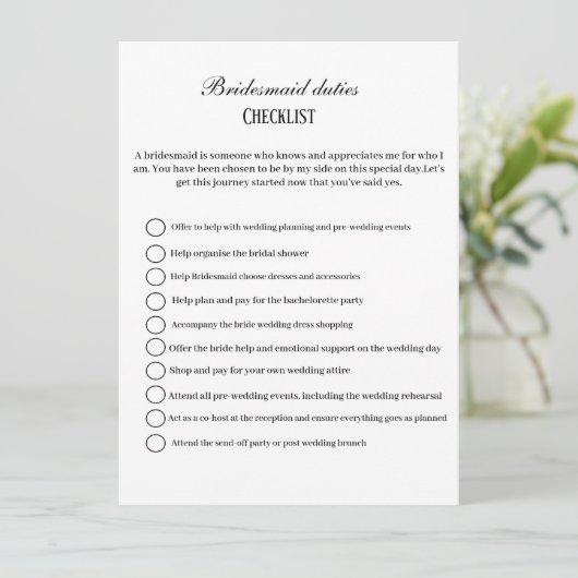 Moderne bruidsmeisjes plichten checklist, feest in kaart (Staand voorkant)