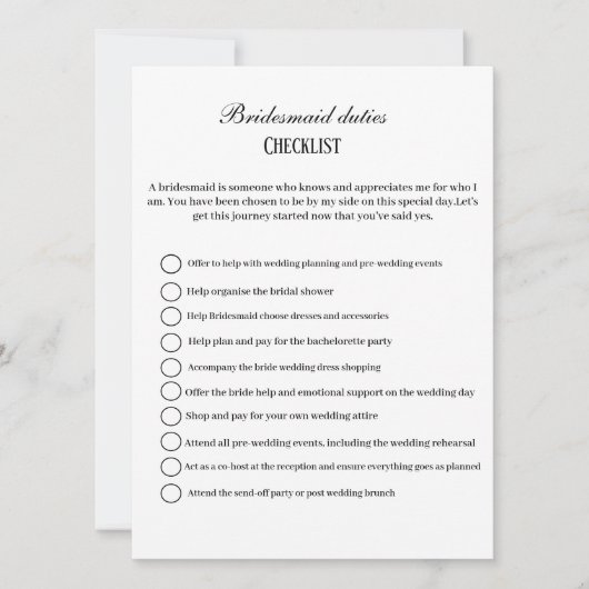 Moderne bruidsmeisjes plichten checklist, feest in kaart (Voorkant)