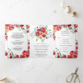 Moderne bruidsroodrozen Floral 3 in 1 bruiloft Drieluik Uitnodiging (Binnen)