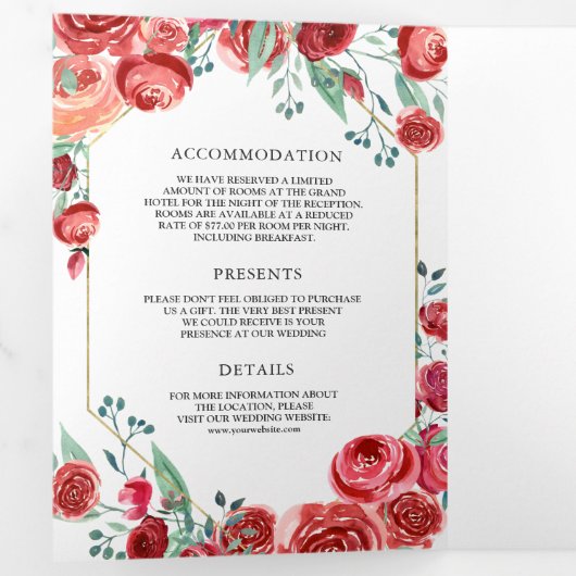 Moderne bruidsroodrozen Floral 3 in 1 bruiloft Drieluik Uitnodiging (Binnenzijde eerst)
