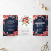 Moderne bruidsroze rozen Florale marineverbinding Drieluik Uitnodiging (Binnen)