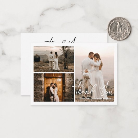moderne bruiloft 3 foto ' s collage bedankt notitiekaartje (Voorkant / Achterkant in situ)