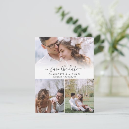 Moderne bruiloft 4 Foto bewaart datumkaarten Aankondiging (Staand voorkant)
