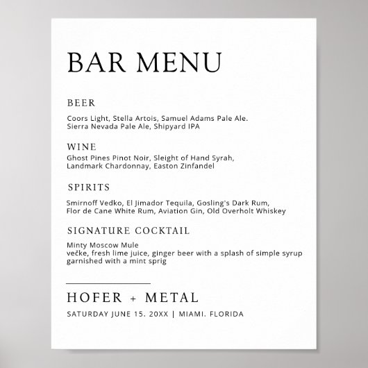 Moderne bruiloft Bar Menu Minimalistische bruiloft Poster (Voorkant)