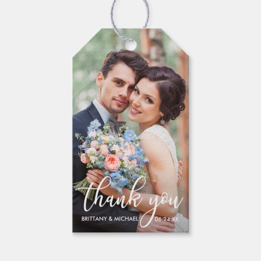 Moderne bruiloft Bedankt Bride Groom Foto Cadeaulabel (Voorkant)