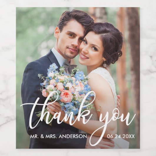 Moderne bruiloft Bedankt Bride Groom Foto Wijn Etiket (Enkel label)