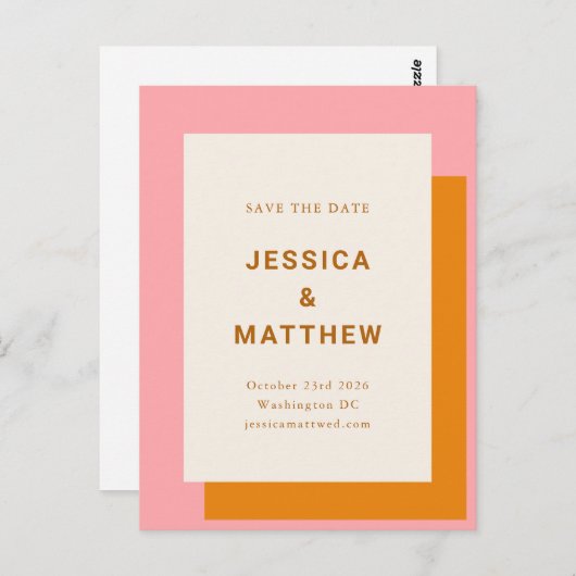 Moderne bruiloft bespaart de datum roze en Oranje Briefkaart (Voorkant / Achterkant)