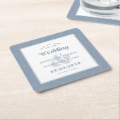 Moderne bruiloft bespaart de datum van het blauwe kartonnen onderzetters (Schuin)