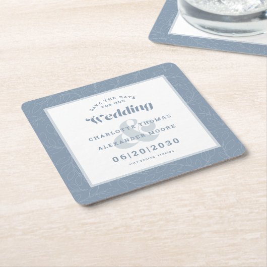 Moderne bruiloft bespaart de datum van het blauwe kartonnen onderzetters (Schuin)