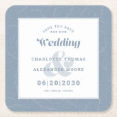 Moderne bruiloft bespaart de datum van het blauwe kartonnen onderzetters (Voorkant)