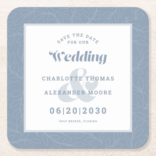 Moderne bruiloft bespaart de datum van het blauwe kartonnen onderzetters (Voorkant)