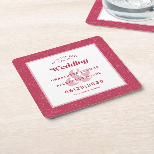 Moderne bruiloft bespaart het Magenta Leaf Pattern Kartonnen Onderzetters (Schuin)