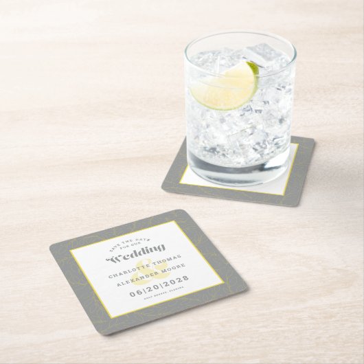 Moderne bruiloft Bewaar de datum Geel Grijs patroo Kartonnen Onderzetters (Insitu)