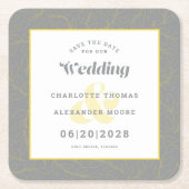 Moderne bruiloft Bewaar de datum Geel Grijs patroo Kartonnen Onderzetters (Voorkant)