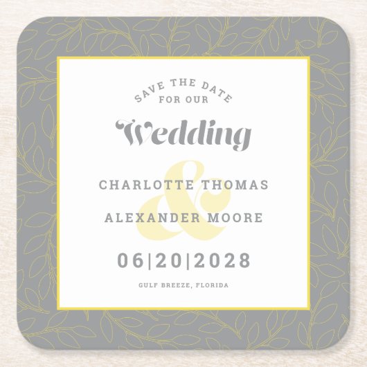 Moderne bruiloft Bewaar de datum Geel Grijs patroo Kartonnen Onderzetters (Voorkant)