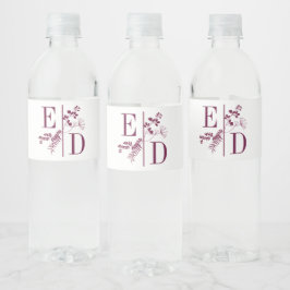 Moderne bruiloft Burgundy Initialen Water Bottle L Waterfles Etiket