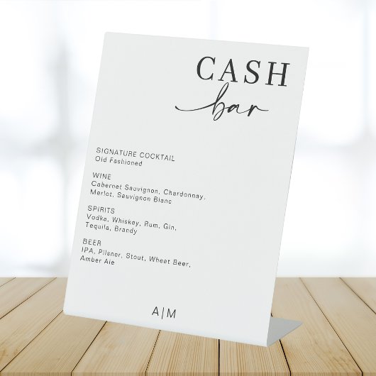 Moderne bruiloft Cash Bar | Bar Drink Menu Sign Reclamebord Met Voetstuk