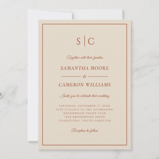 Moderne bruiloft Classic Monogram Terracotta Kaart (Voorkant)