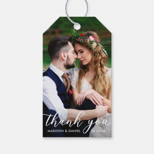 Moderne bruiloft dank u | Bruid bruidegom foto Cadeaulabel (Voorkant)