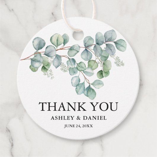 Moderne bruiloft dank u eucalyptus groen bedankjes labels (Voorkant)