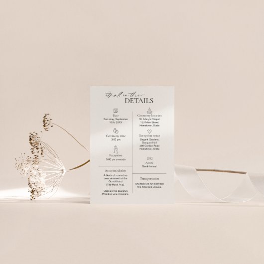 Moderne bruiloft Details Kaart met Iconen in Taupe