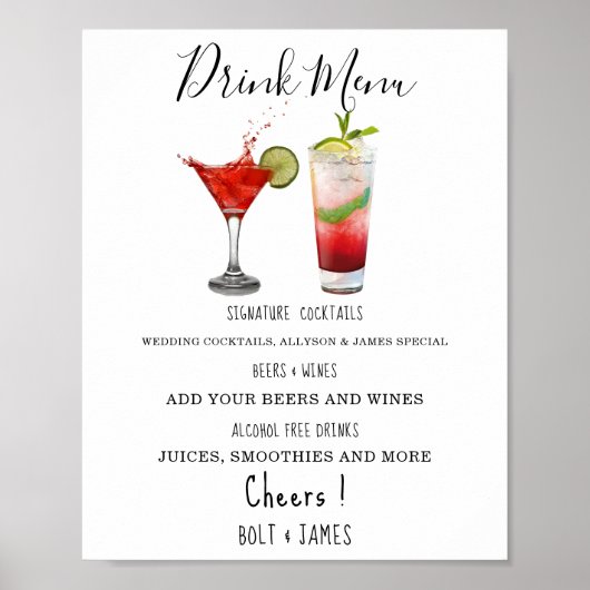 Moderne bruiloft drink menu cocktails illustratie  poster (Voorkant)